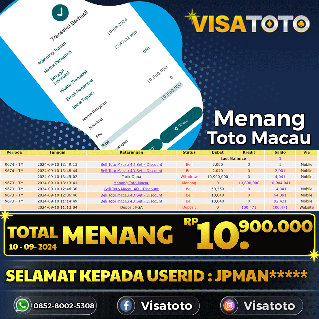 VISATOTO  JACKPOT TOTO MACAU RP.10.900.000,- LUNAS USER ID   JPMAN***