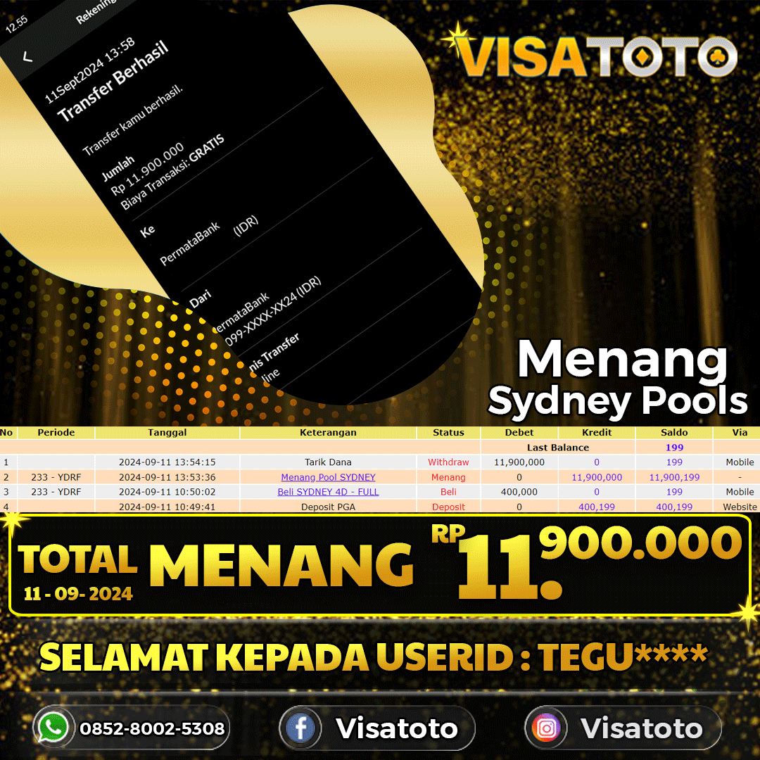 VISATOTO  JACKPOT SYDNEY POOLS RP.11.900.000,- LUNAS USER ID  TEGU***